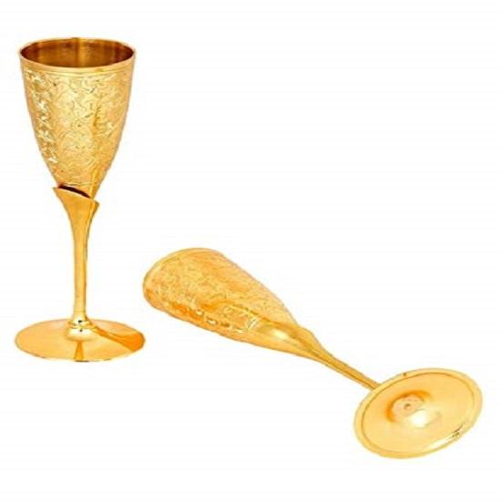Hand Engraved Gold Plated Brass Champagne Glasses for Party, Home, and Restaurant Gift for Couple Marriage, Anniversary Corporate Clients Set of 2