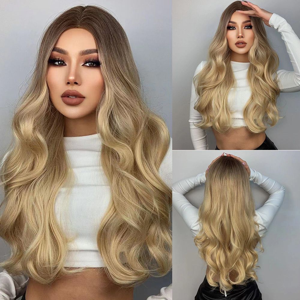 HAIRCUBE White Platinum Mixed Brown Synthetic Wigs Long Wavy Natural Hair Wigs for Women Middle Part Daily Heat Resistant Wigs