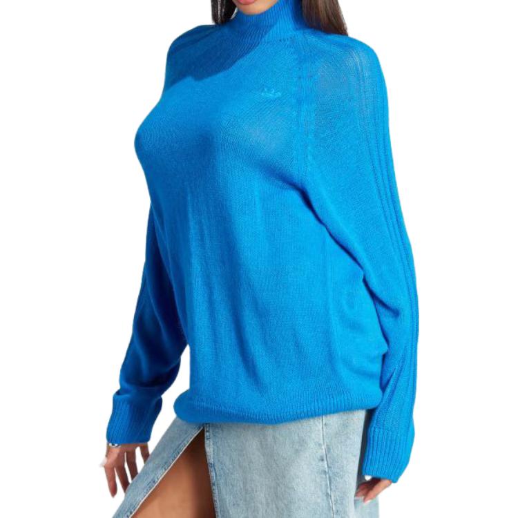 Adidas Blue Version Knit Sweater Solid Color Loose High Neck Pullover Long Sleeve Women sweater IL8535