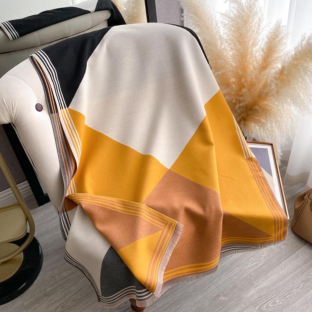 Winter Geometric Splicing Letters Versatile Simple Neck Protection Warm Scarves High Temperament Women Two-Sided Jacquard Shawl