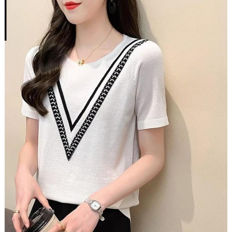 

Summer Color Block Crew Neck Knitted Sweater Crop Top Casual Short Sleeve Top for Spring & Summer Women s Clothing One Size белый