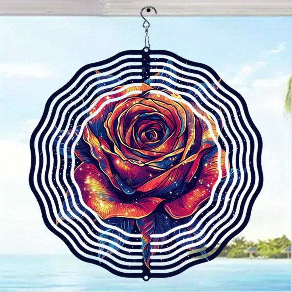 [Durable Build] Vibrant 2D Mandala Rose Wind Chime - Durable Metal Garden Decor, Colorful Outdoor Art for Yard, Patio & Balcony