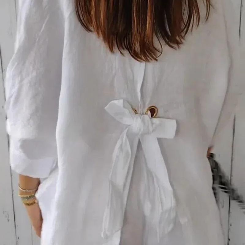 Spring New Cotton Linen Shirt with Back Tie Design, Women’s Casual Blouse