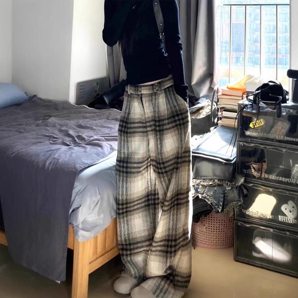 Women's Retro Plaid Wool Wide-Leg Pants for All Seasons