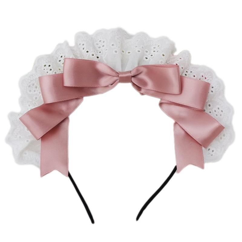 Girls Ruffles Lace Necklace with Pearl Chain Pendant Ribbon Bows Earrings Hair Clips Handmade Lolita Hair Ornaments