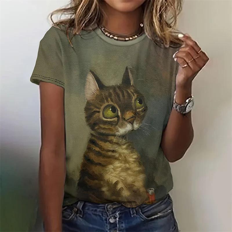 Summer Round Neck 3D Cute Cat Print Top Fashionable Casual Short Sleeved Women's T-shirts