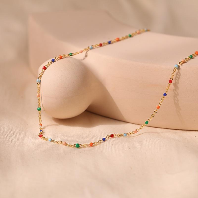 Gold Plated Dainty Mini Rainbow Enamel Bead Station Choker Necklace