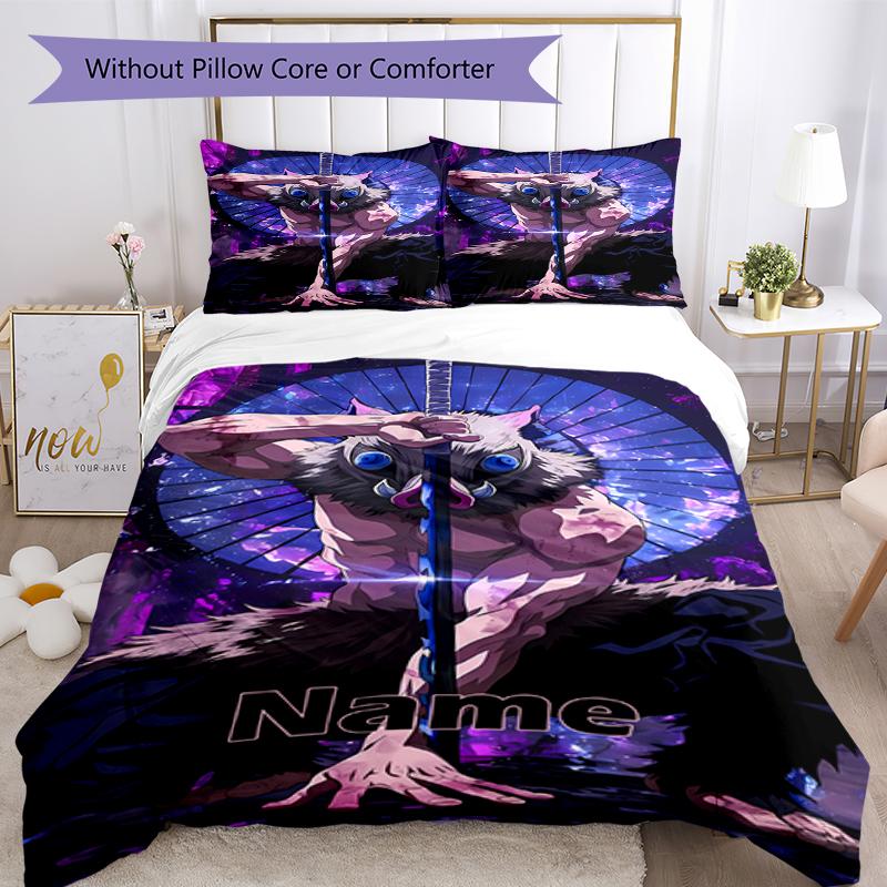 3pcs Custom Name Demon Slayer Bedding Set Duvet Cover Closure Includes 1 Duvet Cover & 2 Pillowcases, Soft and Comfortable for All Seasons.