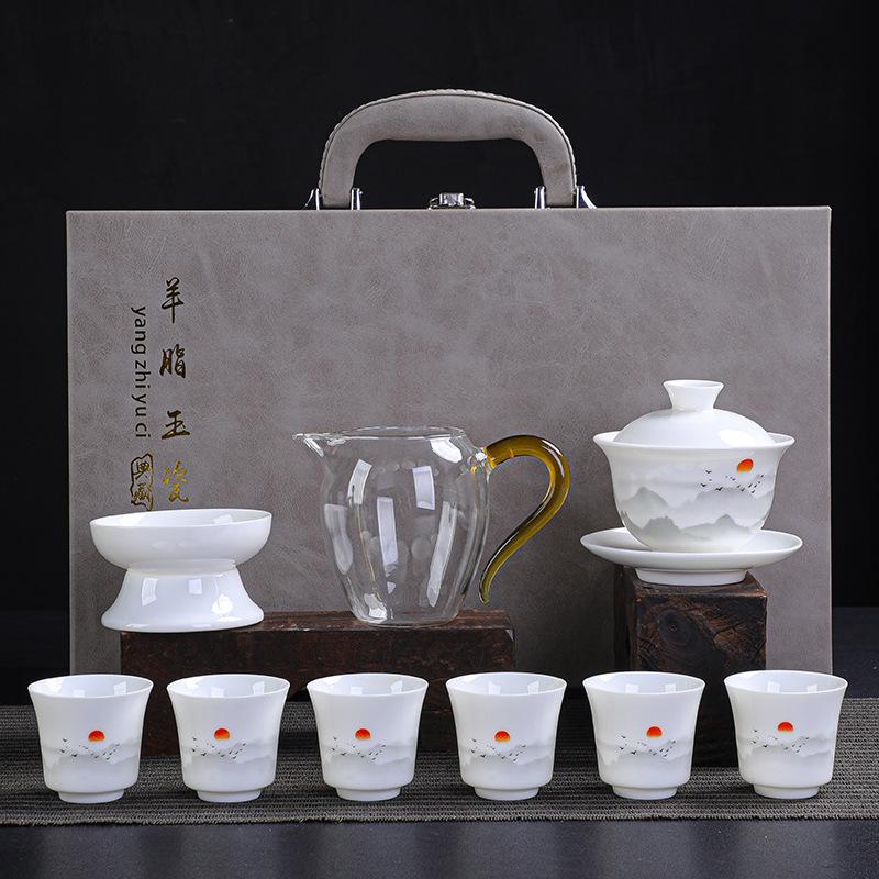 Ceramic White Suet Jade Porcelain Kung Fu Tea Set Business Company High-end Gifts