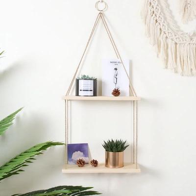 1PC Wooden Swing Hanging Hemp Rope Wall Shelve Mounted Floating Home Living Room Plant Flower Pot Tray Storage Garden Decoration