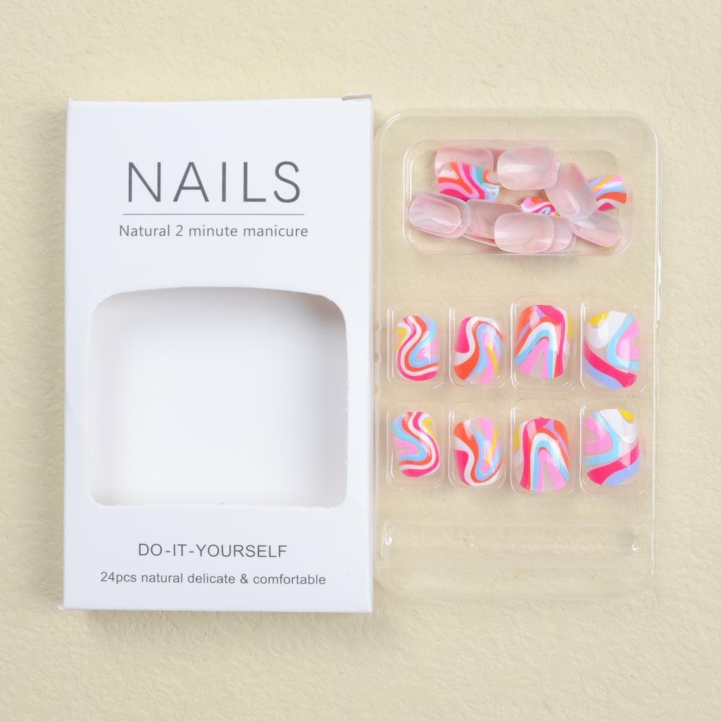 24pcs Vibrant Rainbow Swirl Press On Nails - Glossy Full Coverage Short Oval False Nails for Women and Girls - Perfect for Daily Wear, Easy to Apply
