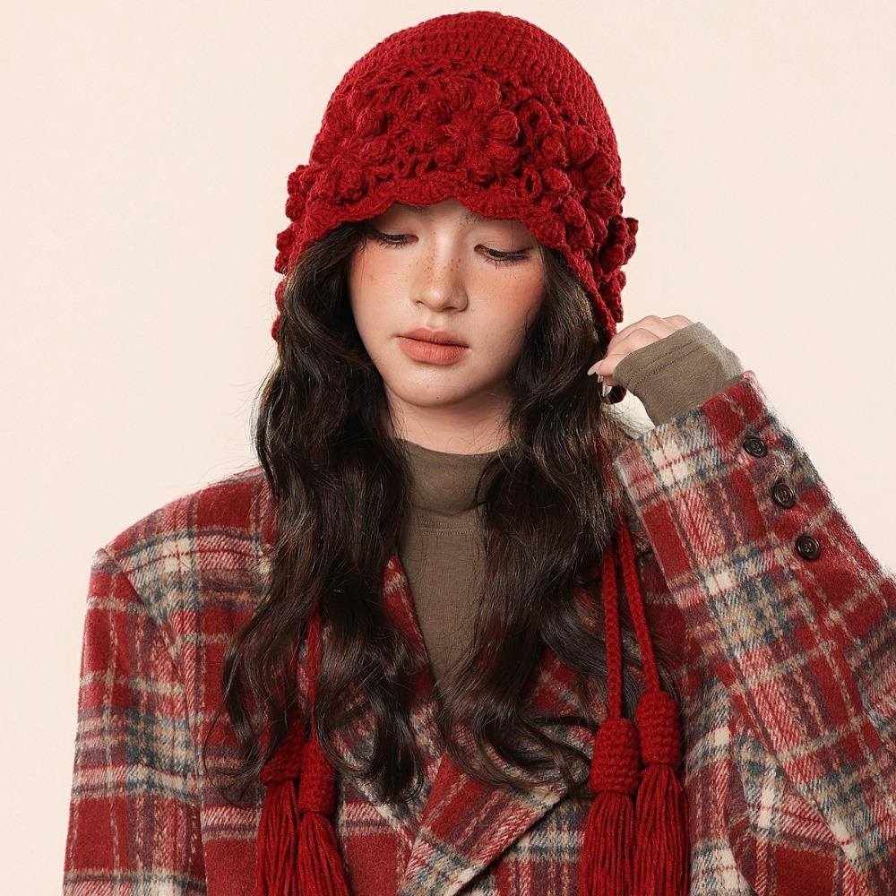 Fashion Hollowed-out Flower Bonnet Hat Hand Woven Long Tassel Knitted Ear Protection Hat Windproof Pullover Hat