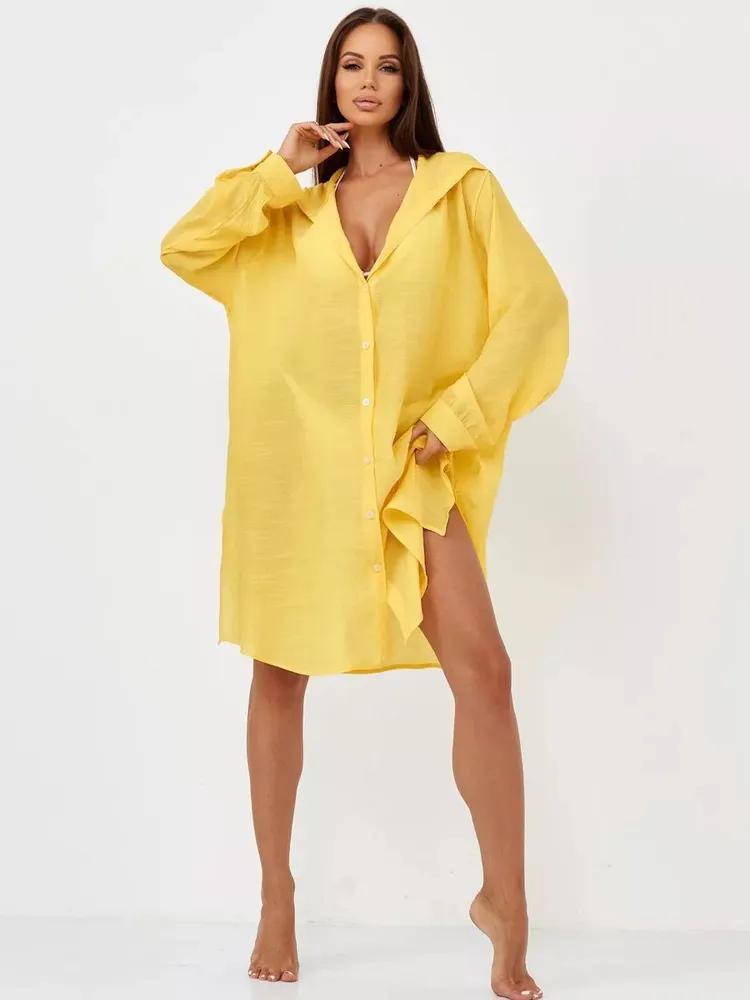 Women Loose Fit Beach Cover Up Long Sleeve Pullover Tunic Lightweight Button Down Swimsuit Top for Vacation Sun Protection