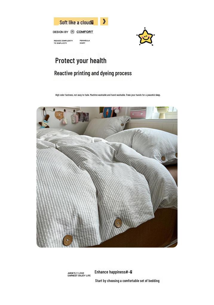 Solid Color MUJI Style Washed Cotton Jacquard Buttoned Dormitory Bedding Set – Super Soft, 4-Piece Set