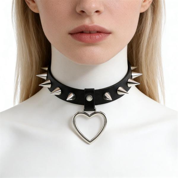 Unisex European Punk Black Leather Choker with Metal Chain and Lock Pendant.