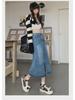 Women's High-Waist Retro A-Line Denim Midi Skirt with Front Slit for Pear-Shaped Figures