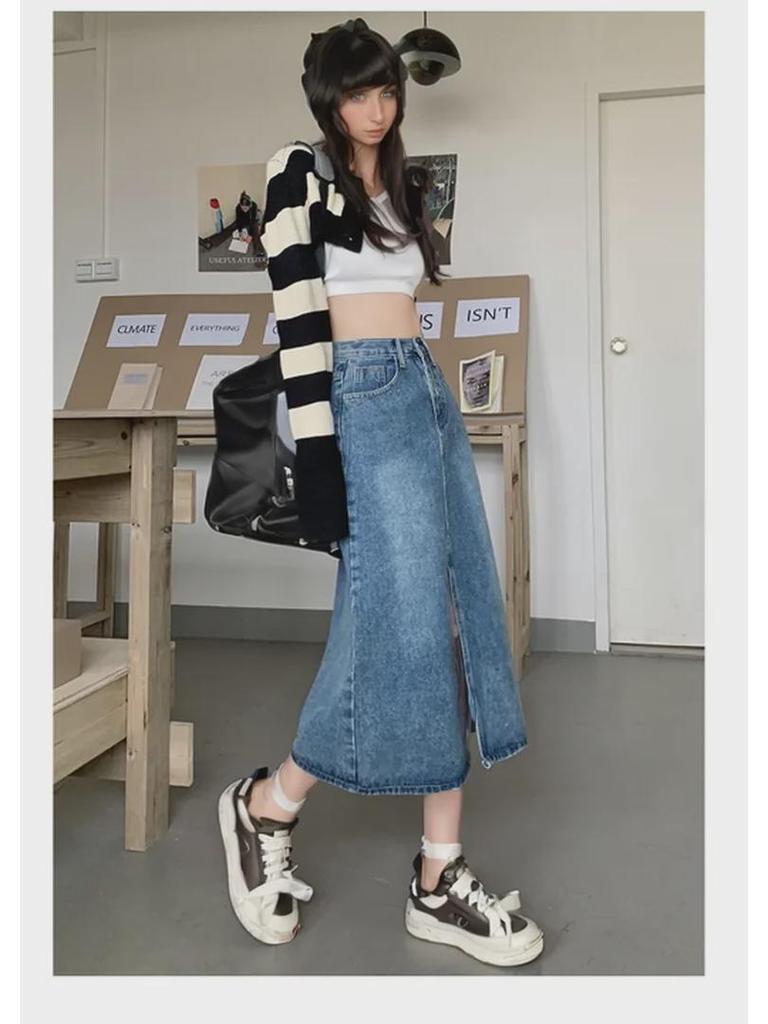 Women's High-Waist Retro A-Line Denim Midi Skirt with Front Slit for Pear-Shaped Figures