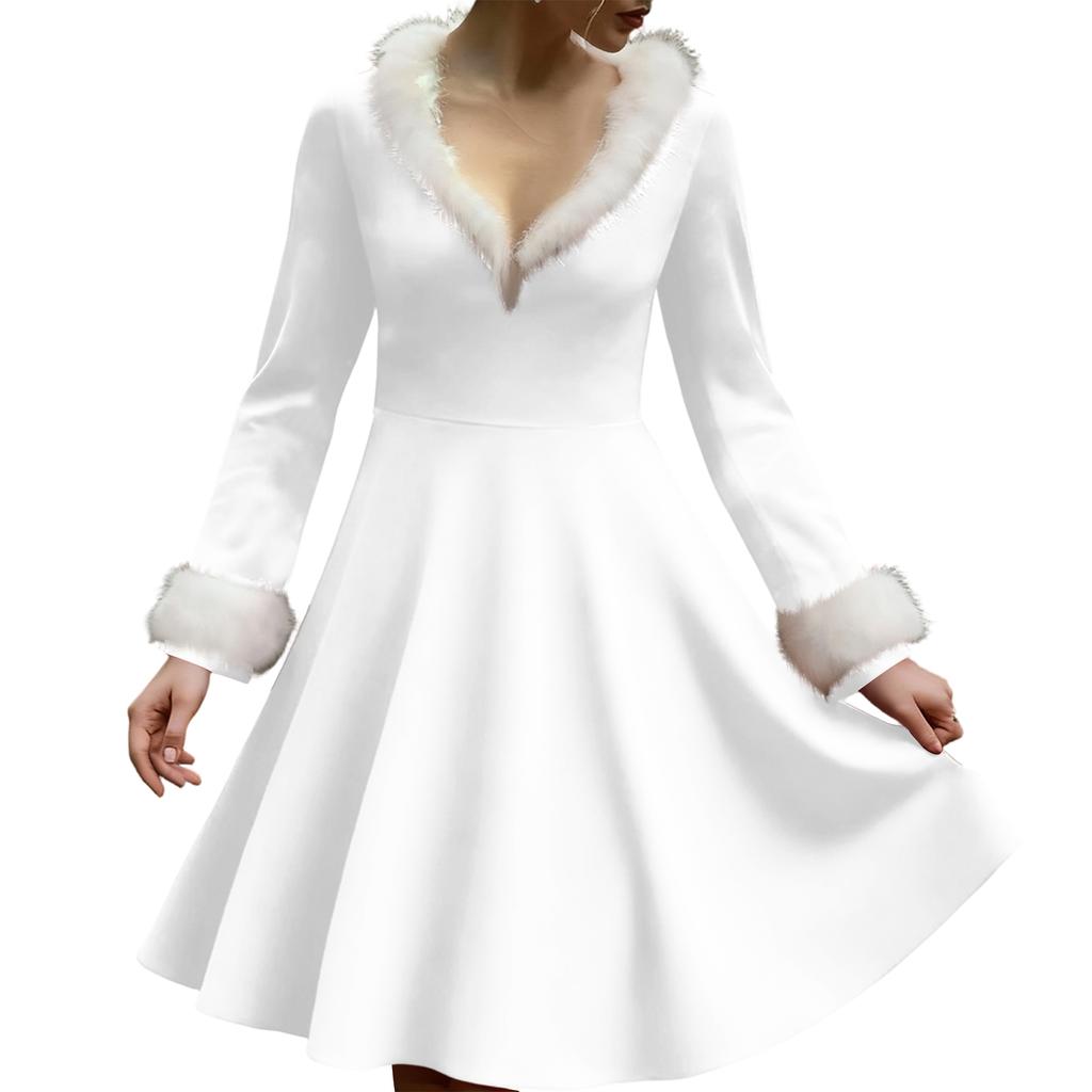 Women's Casual V-neck Christmas Print Plush Long-Sleeve Casual Dress