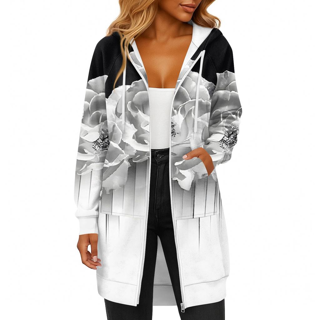 Women's Fashionable Printed  Long Sleeved Drawstring Hooded Zipper Pocket Long Casual Sweatshirt Jacket