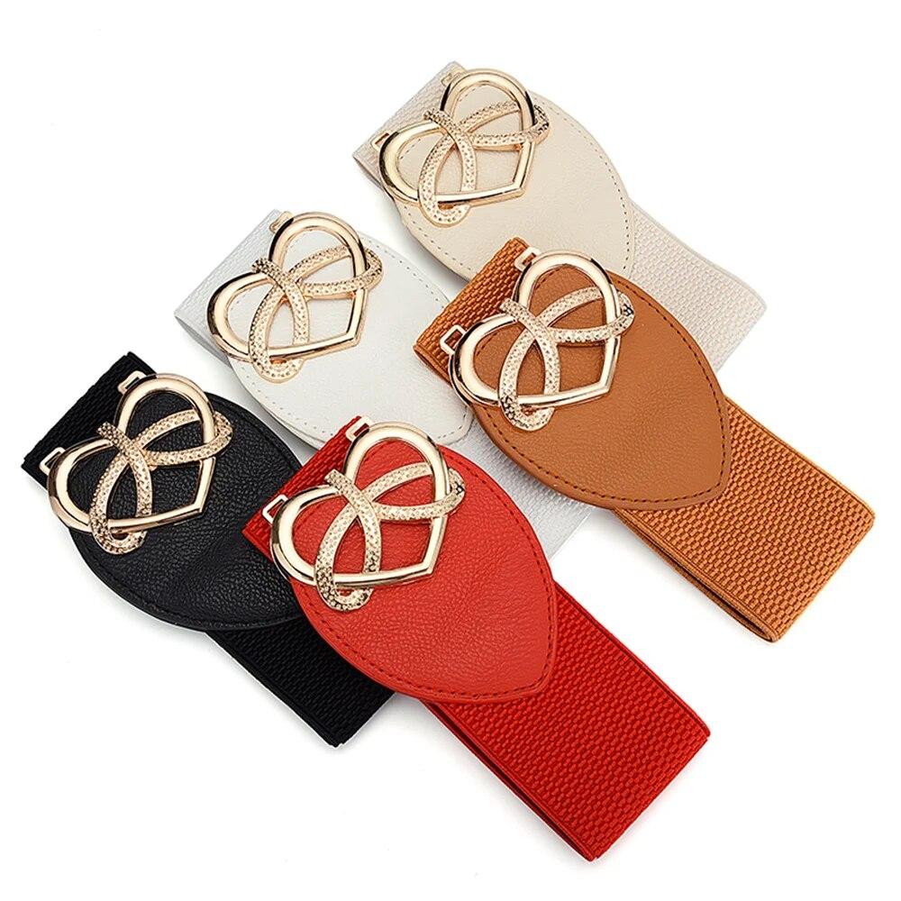 Women's Waist Cover Fashionable Golden Buckle Elastic Waist Closure With Double Hook Buckle Wide Belt With Coat Dress Women Belt