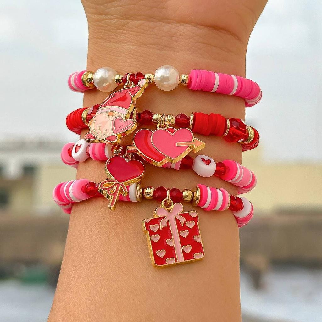 SHIXIN 4Pcs/Set Cute Pink Santa Claus Heart Pendant Bracelet Women Romantic Red Crystal Beaded Bracelets Christmas Jewelry Gift