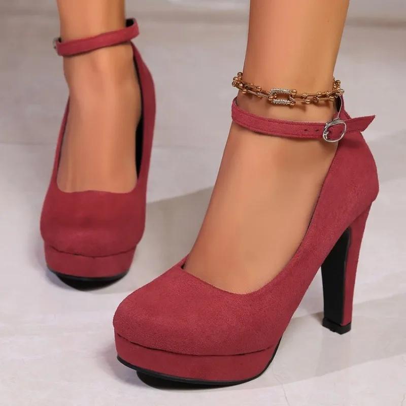 Fashion Women High Heels Fashion Suede Round Toe Female Platform Shoes Women Pumps Heeled Sandals Sexy Ankle Strap Footwear Big Size 42