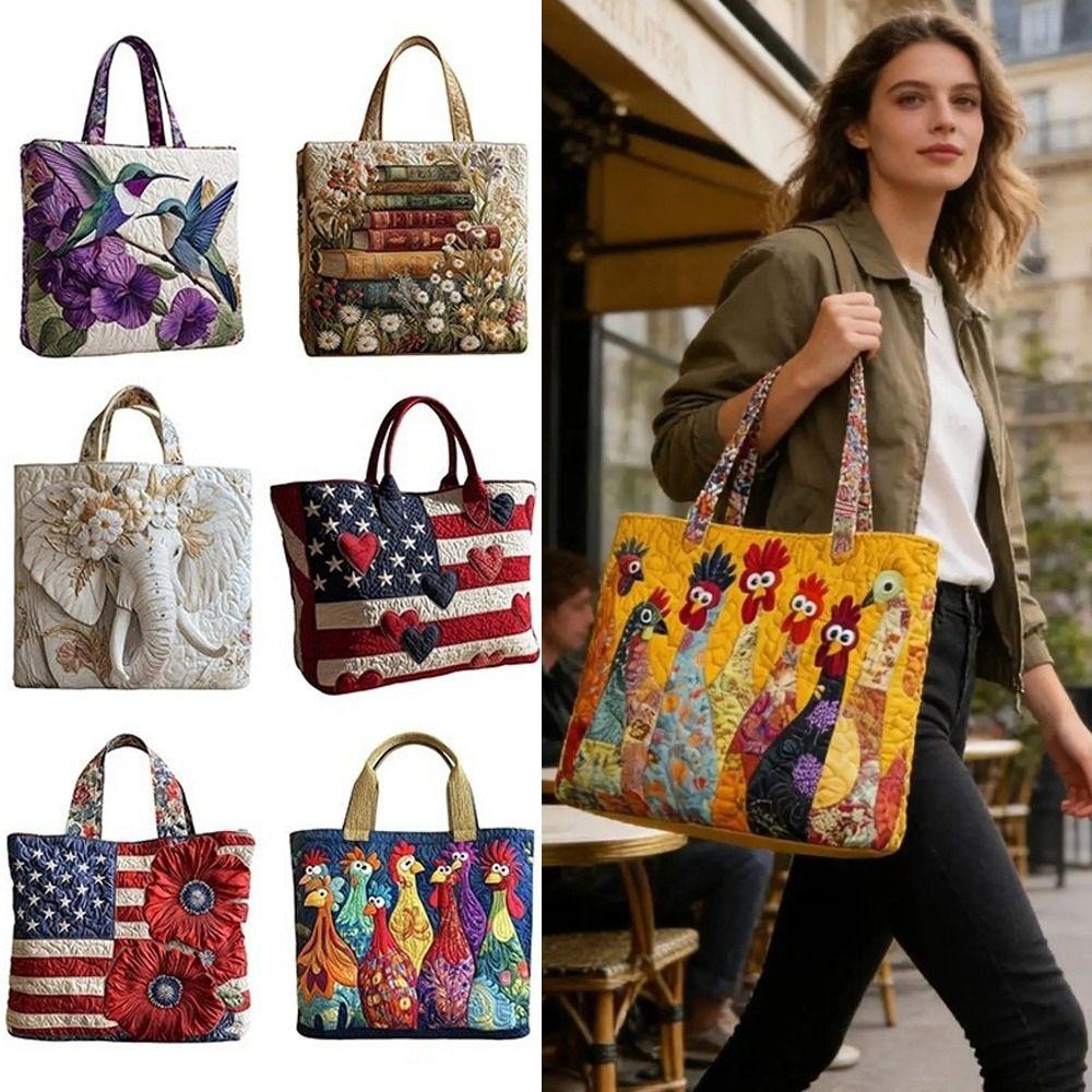 Vintage Quilted Tote Bag 3D Printed Patterns Large Capacity Travel Handbag Lightweight Cotton Shopping Bag Women Accessory