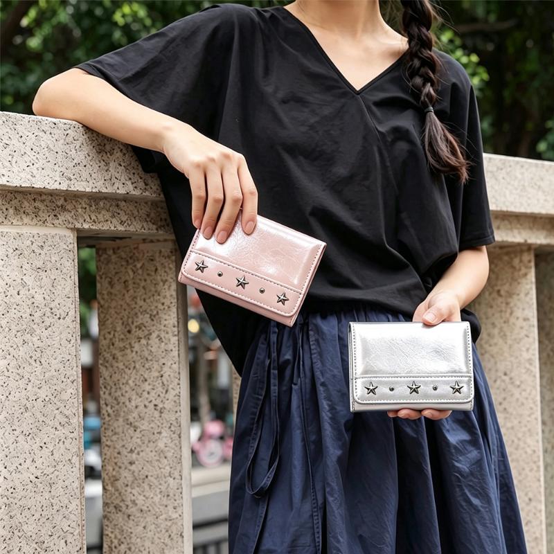 Pu Star Rivet Trifold Wallet Ultra Thin Multiple Slots Card Holder Large Capacity Compact Size Coin Pocket Daily Use
