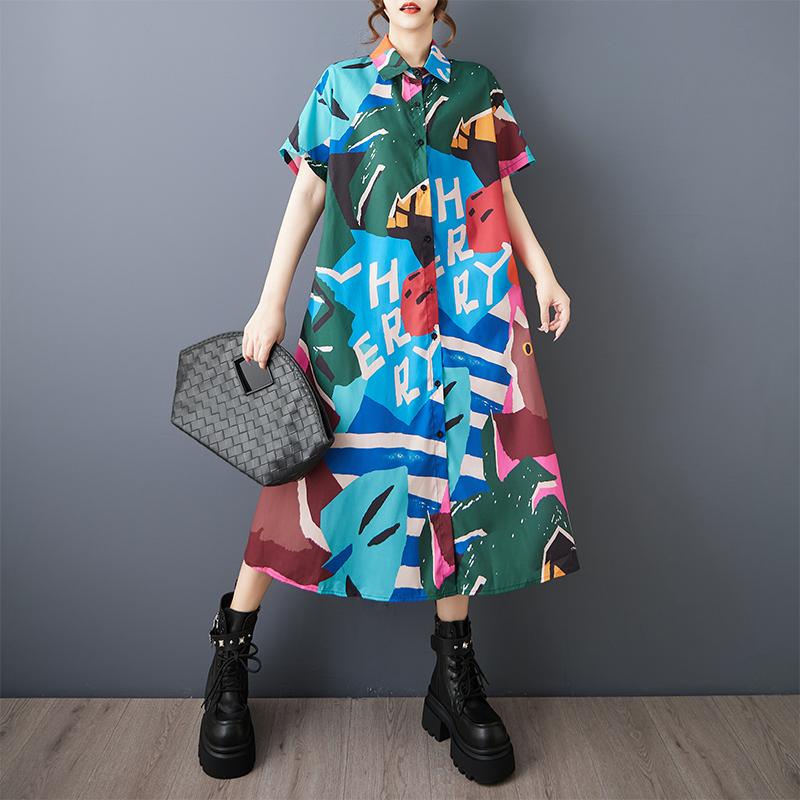 Dimanaf Summer Women 2025 Basic Plus Size Shirt Dress Casual Short Sleeve Buttons Dress Loose Printing Dress