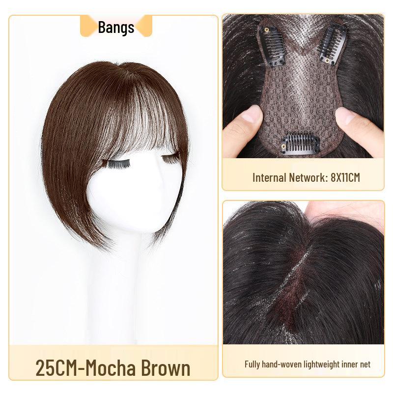Women's Fluffy White Hair Topper - Natural, High Volume, Traceless Real Hair Bangs Patch for Full-Looking Hair.