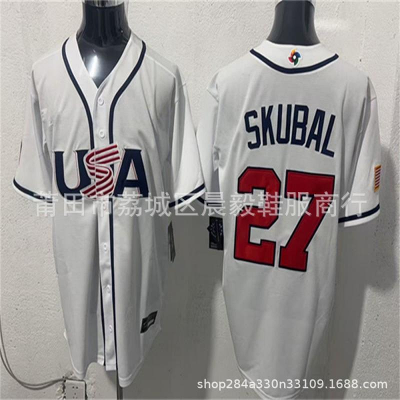 Embroidered USA National Team Baseball Jersey Men - White With Player Numbers 4 7 12 22 27 29 30 99