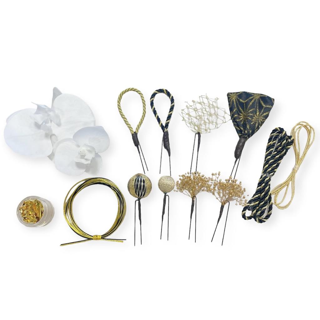 Phalaenopsis Orchidee Haar Schwarz und Gold Gold Abschluss Hakama Ornament, Volljährigkeitszeremonie, Gold, Tamakanzashi, Mizuhiki, Kordel, Blatt, Kopfschmuck,