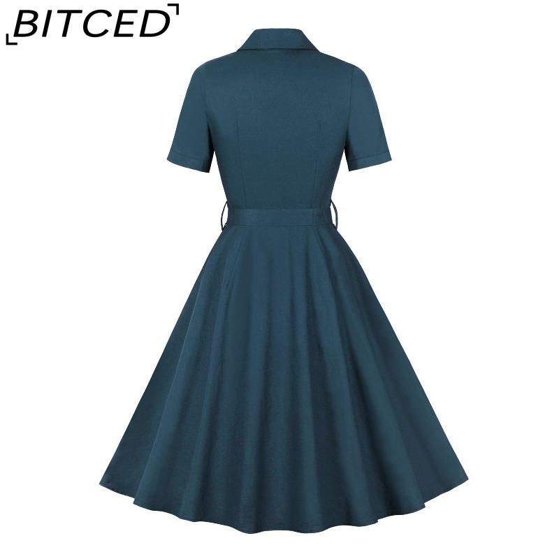 BITCED Women's Single-Breasted Wide-Skirted Retro-Style Waist-Cinched Solid-Colour Dress
