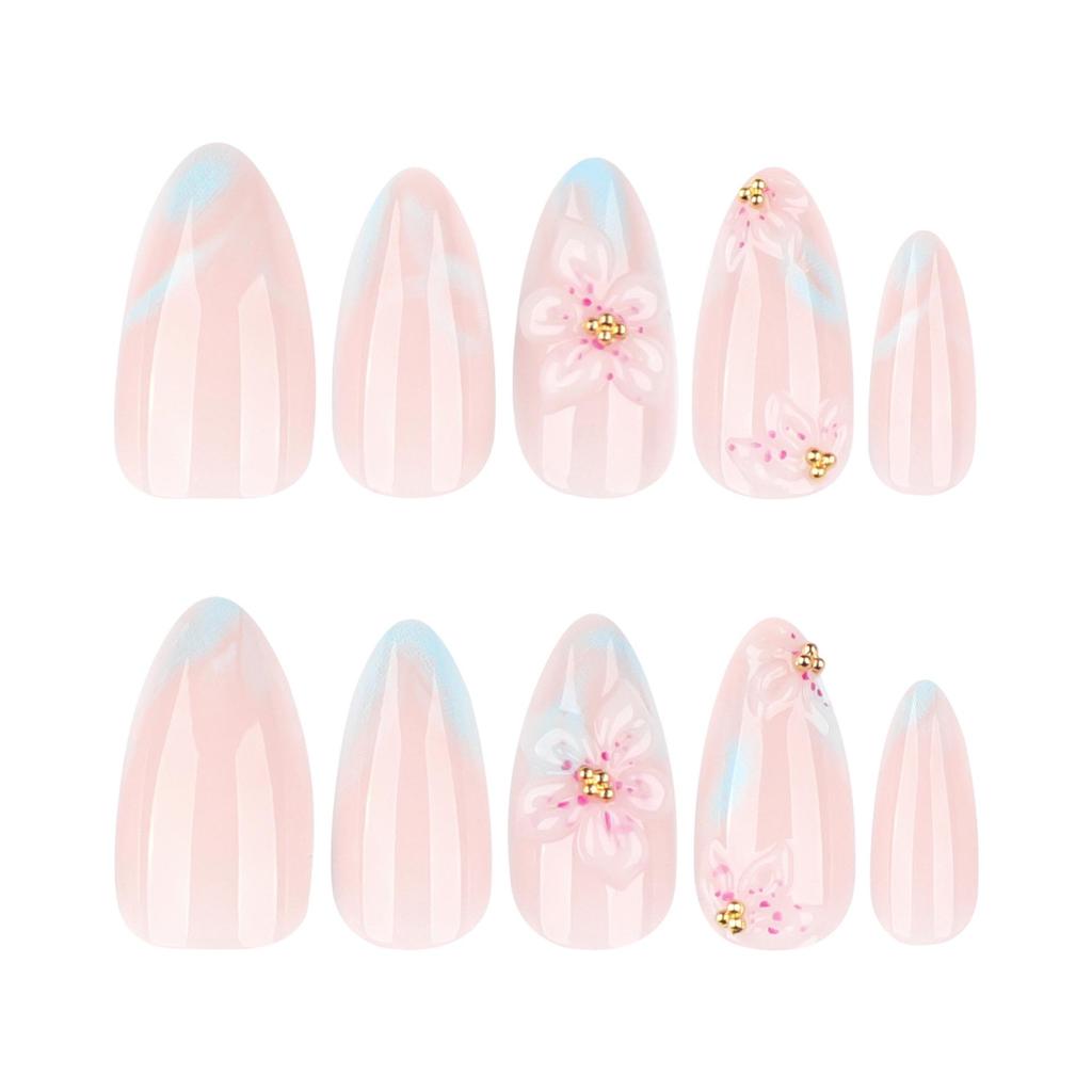 Simple Fresh 3D Floral Wearable Short Almond False Nails