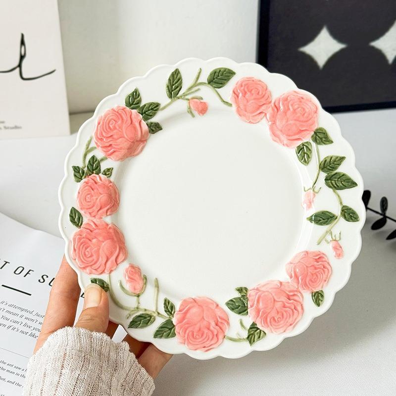 BRRose Flower Relief Dinner Plate Porcelain Dish 8 Inches Dessert Plate Restaurant Specialty Tableware Ceramic Disc Dinner PlatesEY