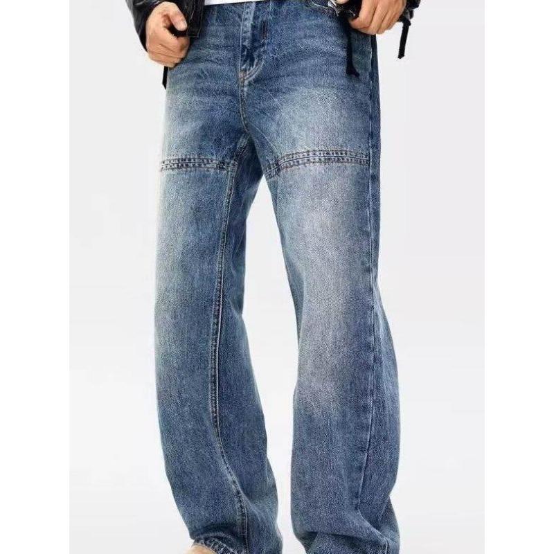 Men's Vintage Blue Wide Leg Jeans Loose Fit Straight Leg Casual Denim Trousers