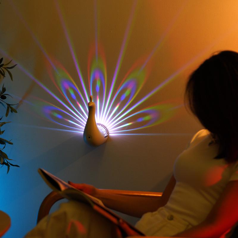 Peacock Projector Night Light: Remote-Controlled, Wall Hanging, Colorful Atmosphere for Bedside or Birthday Gift.