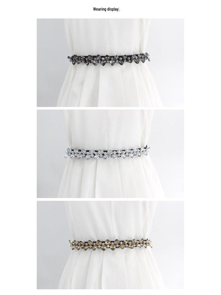 Damski elastyczny pasek z cyrkoniami zapinany na zatrzask - Wszechstronny wąski czarny pas wyszczuplający talię
