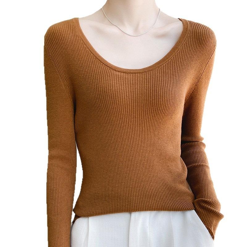 Crew Neck Sweater Tight Long-sleeved Inner with Large U-neck Knitted Sweater Early Autumn New Basic Versatile Solid Color Bottoming Shirt Women