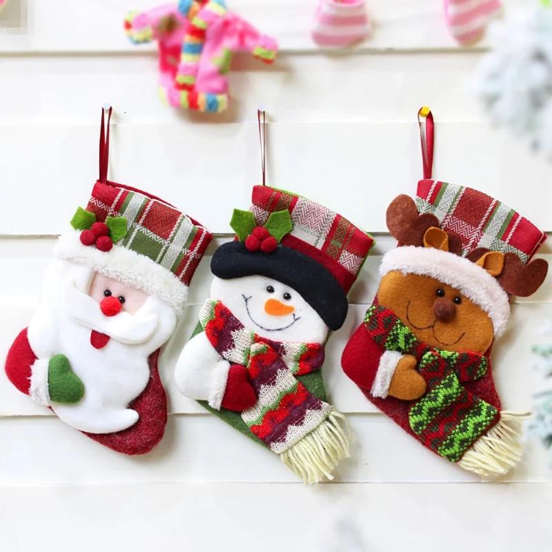 Cute Christmas Stockings Socks Fireplace Hanging Stockings Plush Personalized Home Party Decoration with Snowman Santa Elk Bear