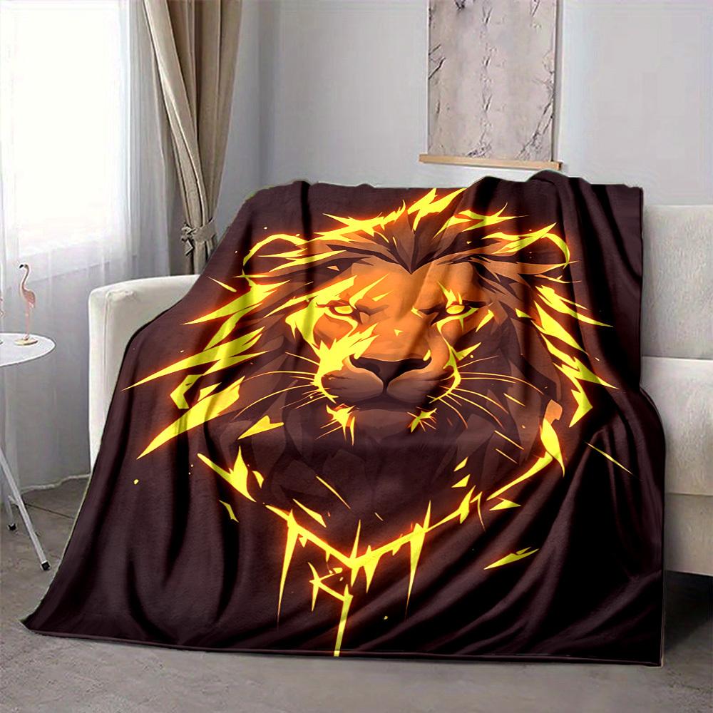 1pc Lion Flame Print Blanket - Lightweight Flannel Throw Blanket For Sofa, Bed, Living Room, Office, Outdoor Travel, Camping, Soft All-Season090