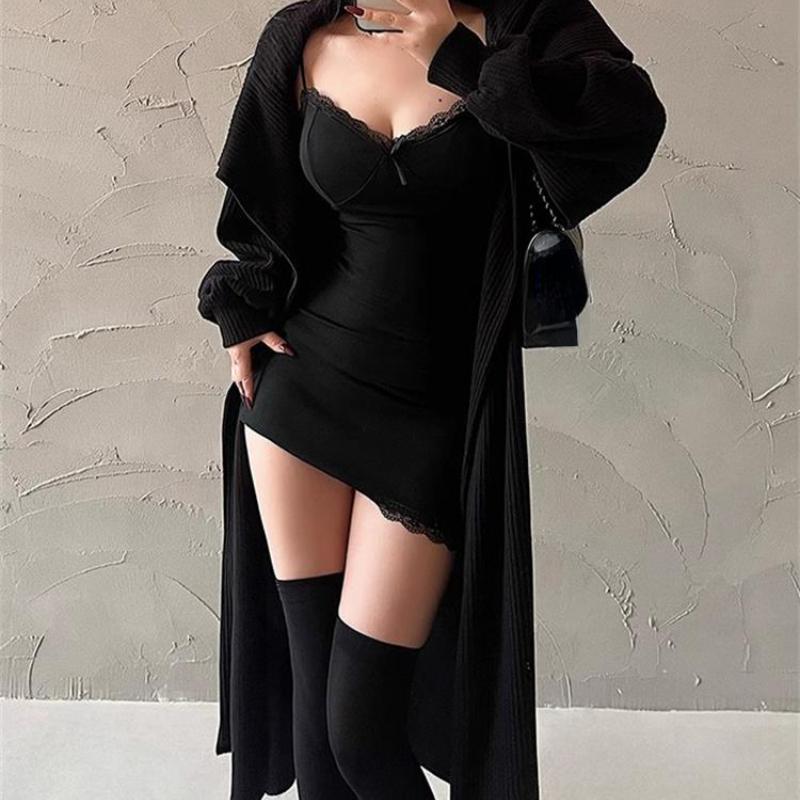 Y2K Retro Spitze Patchwork Spaghetti Strap Schwarz, Figurbetontes Kleid Mini Mode Ästhetische Schleife Club Party Sexy Kleider für Frauen