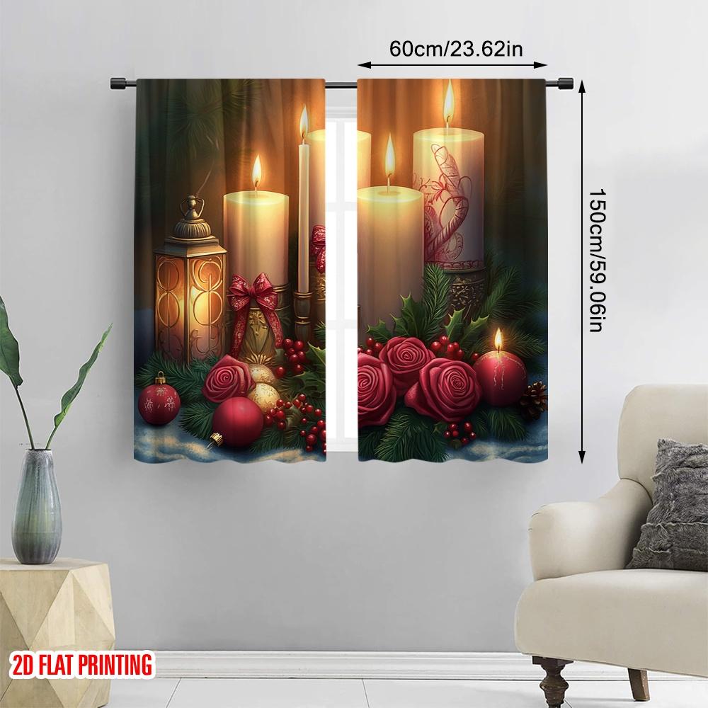 2pcs,2D Plane Printing Contemporary Curtains Christmas Candles Roses Ornaments (4) 100% Polyester (without Rod) Gifts for Living