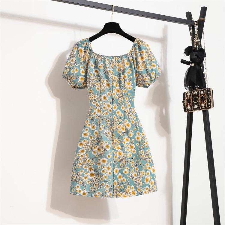Korean Style Elegant Floral Printed Women Mini Dress Bohemian Pleated Puffy Sleeve Sexy Summer Vestidos Shirring Female Short Dress