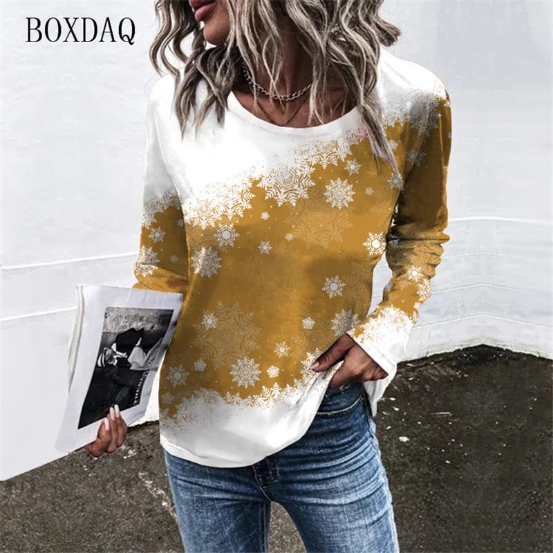 Snowflakes Pattern Women T-Shirts Autumn Winter Long Sleeve Christmas Style Streetwear Ladies Tees 6XL Plus Size Casual Tops