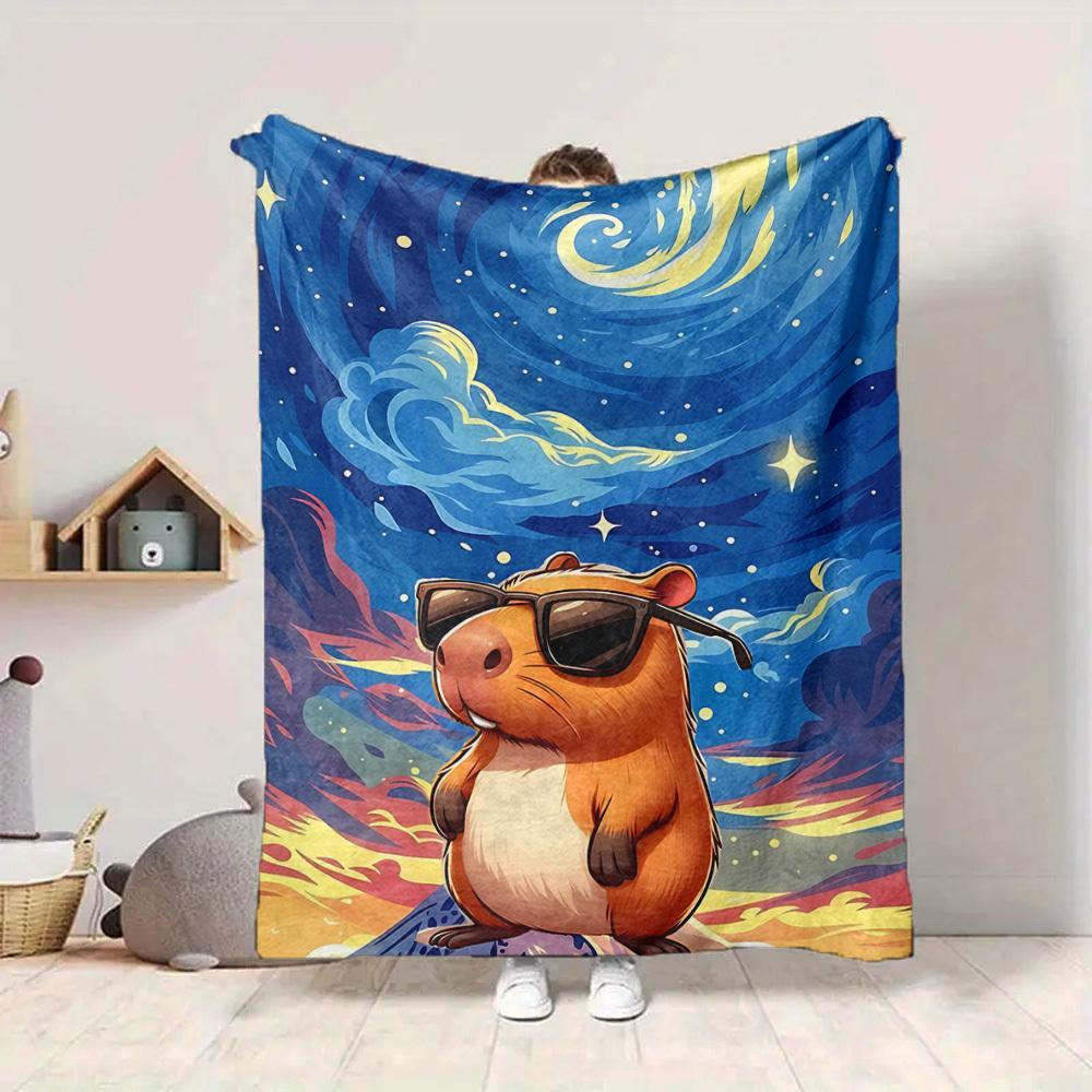 1pc Capybara Art Print Blanket, Lightweight Flannel Fleece with Digital Printing, Soft Warm for Sofa, Travel, Camping, Office, Couch, Chair, and Bed,