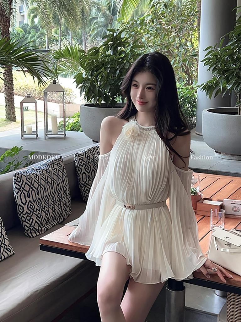 MODKOKU Chiffon French Mori Long Size L Women's Open-Shoulder Dress, Gathered, Off-the-Shoulder, Sheer, Princess-Style, Cute, Wedding, Beautiful,