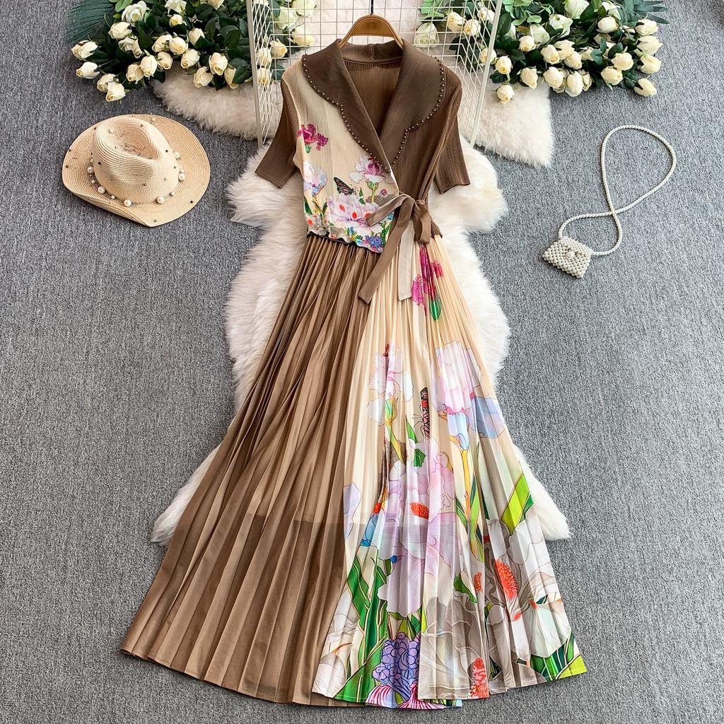 Summer Women Casual Plus Size Miyake Folds Print Beading Lace-up Oversize Loose Long Maxi Pleated Dresses