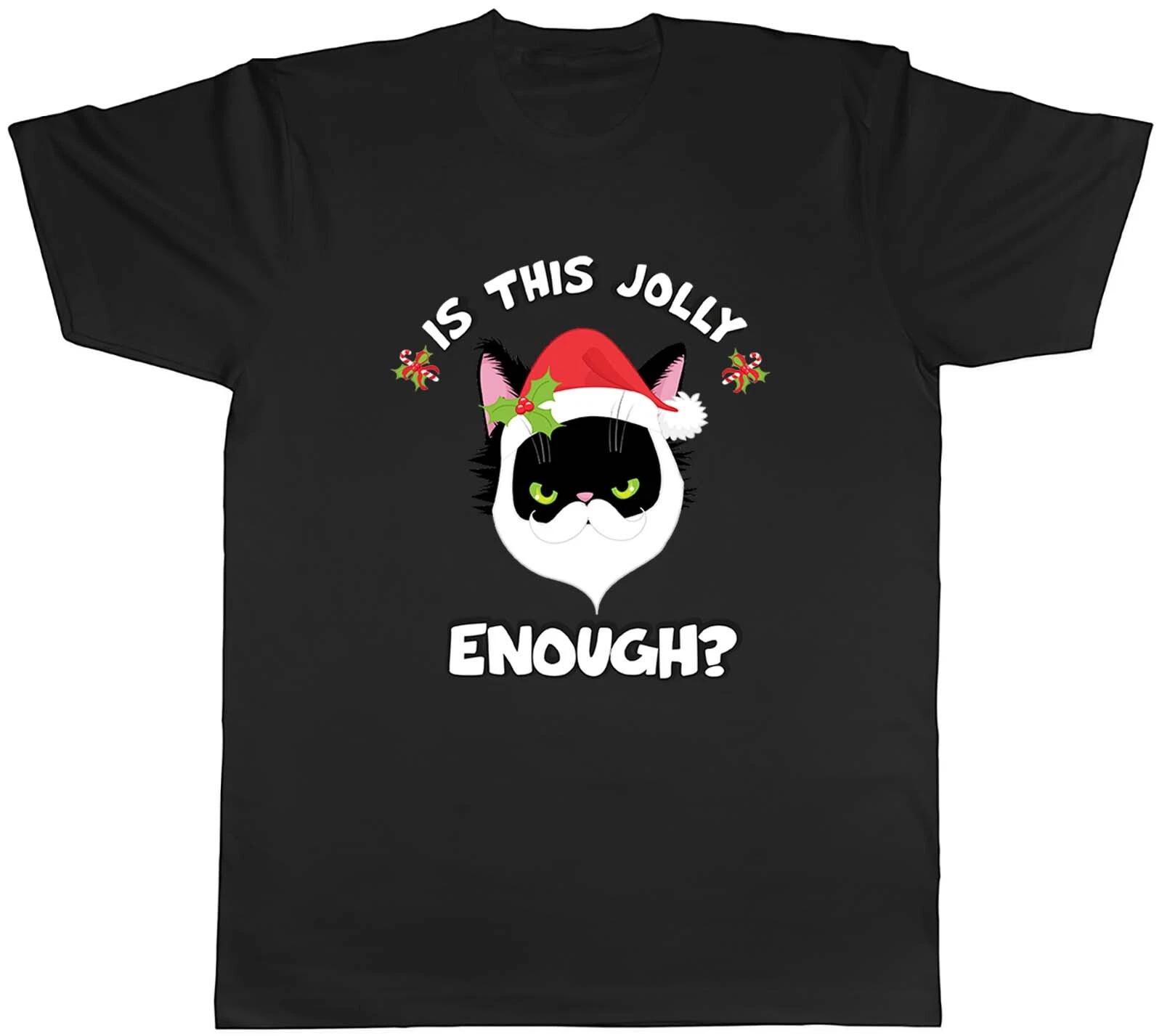 Is This Jolly Enough Cat Santa Hat Christmas Xmas Mens Unisex T-Shirt Tee Gift L