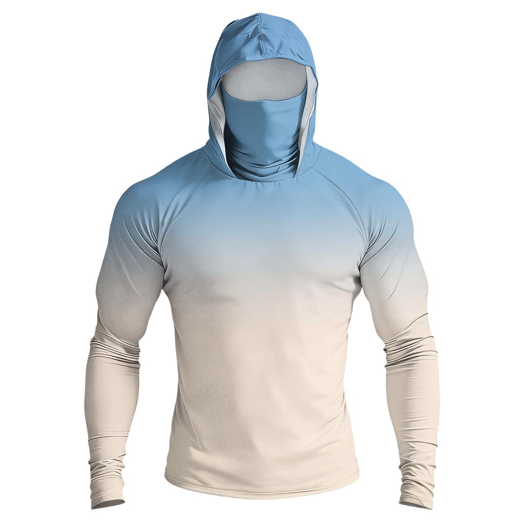 Men Raglan Sleeve Gradient Hooded Long Sleeve Sun Shirt Lightweight Pullover with Thumb Holes for Outdoor Activities
